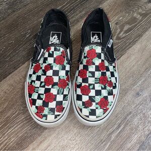 Vans Black and White Checkered Rose Slip-On Sneakers